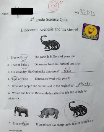 Ukázka ze školních testů podle kreacionismu - klikněte pro zobrazení detailu