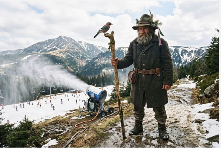 zobrazit detail snímku: Krakonoš a lyžaři.