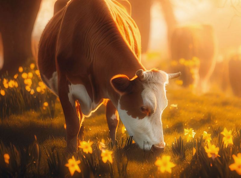 Kráva na pastvě, kde rostou narcisy. - klikněte pro zobrazení detailu
