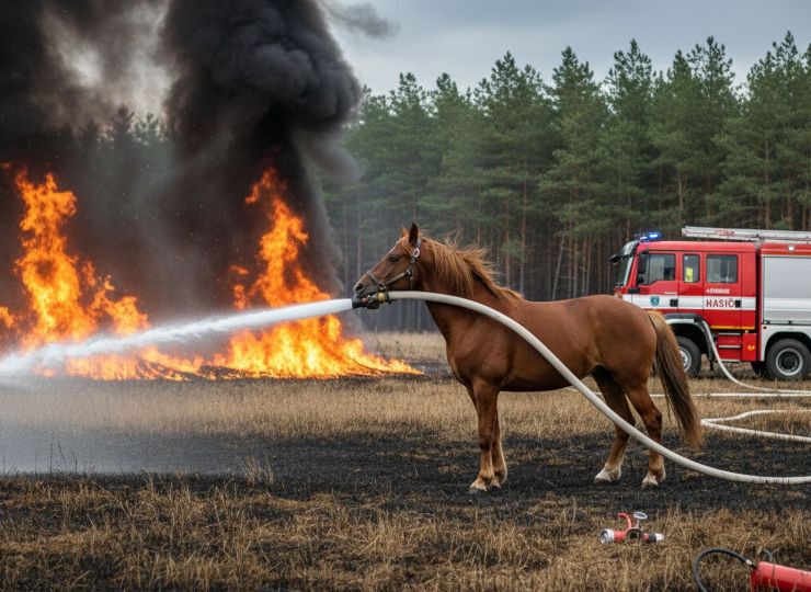 zobrazit detail snímku: Kůň hasící požár.