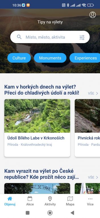 Appka Kudy z nudy - základní obrazovka - klikněte pro zobrazení detailu