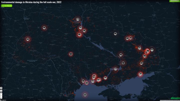 Mapa monitorující poškození životního prostředí na Ukrajině. - klikněte pro zobrazení detailu