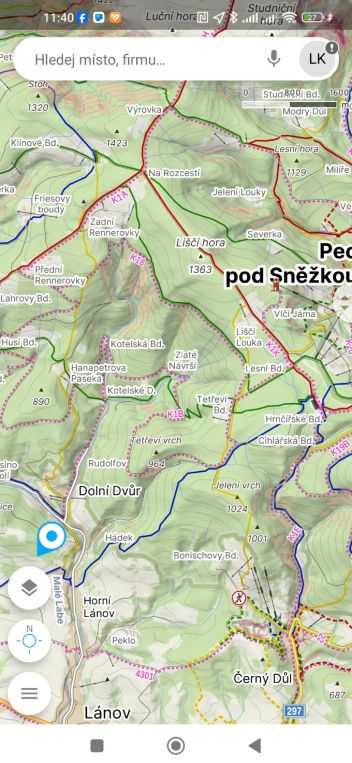 Appka Mapy.cz základní obrazovka - klikněte pro zobrazení detailu
