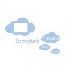 Samolepka se jménem na přání, daty narození a s fotkou v mráčku