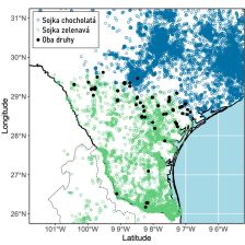 Výskyt sojky chocholaté a zelenavé v USA v letech 2000 až 2023.