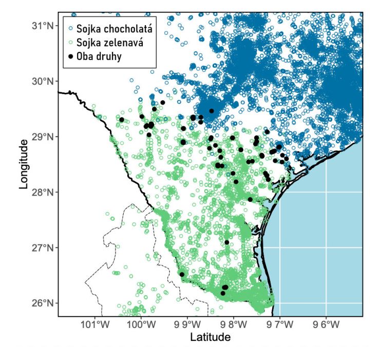 zobrazit detail snímku: Výskyt sojky chocholaté a zelenavé v USA v letech 2000 až 2023.