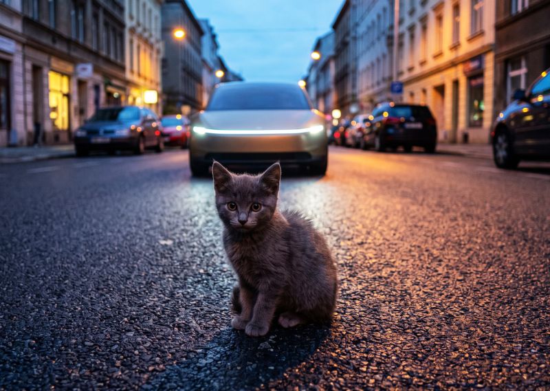 Šedé kotě versus Tesla Cybercab. - klikněte pro zobrazení detailu Šedé kotě versus Tesla Cybercab. - klikněte pro zobrazení detailu