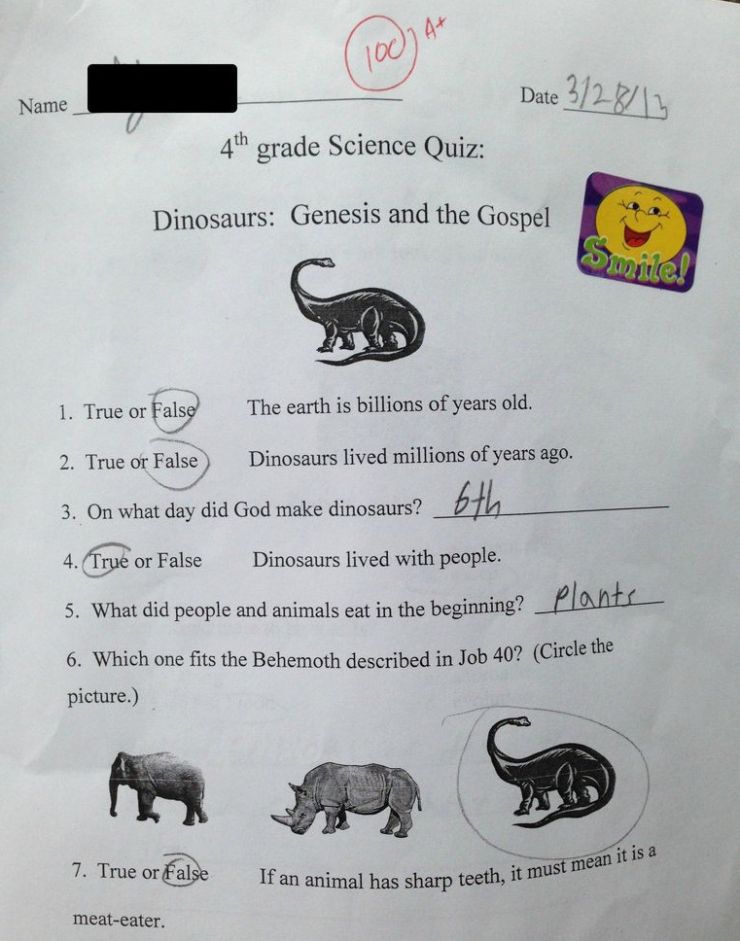 zobrazit detail snímku: Ukázka ze školních testů podle kreacionismu