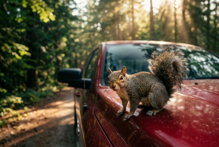 zobrazit detail snímku: Maskot ekologické organizace Sciurus na výletě v přírodě.