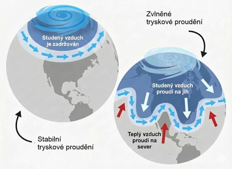 zobrazit detail snímku: Schéma polárního vortexu a tryskového proudění