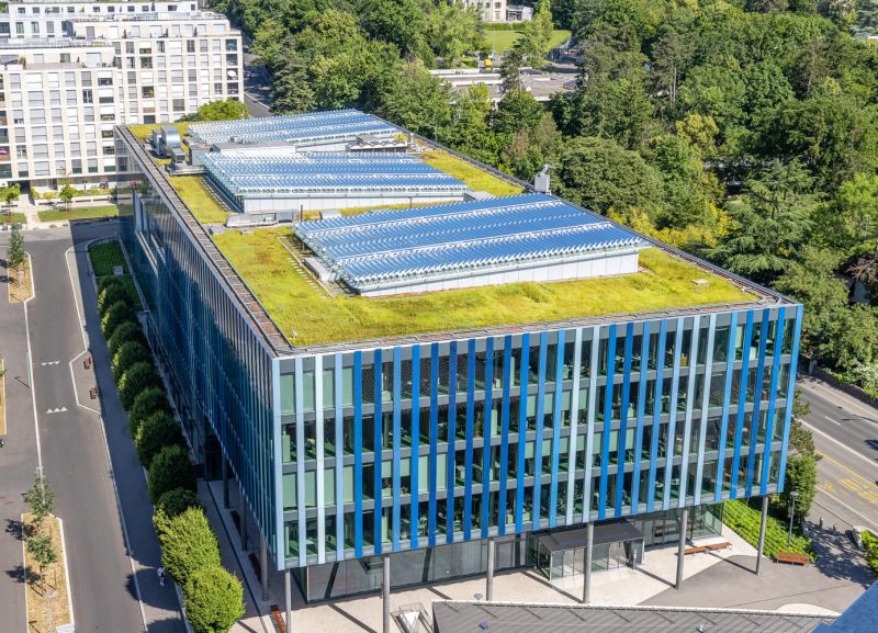 Zelená střecha na budově Světové organizace duševního vlastnictví (WIPO) v Ženevě. - klikněte pro zobrazení detailu